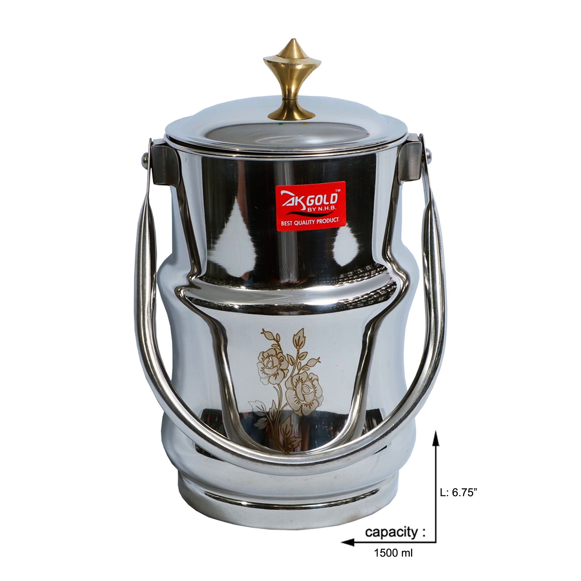 Elegant 1500 ml Stainless Steel Barni With Brass Knob
