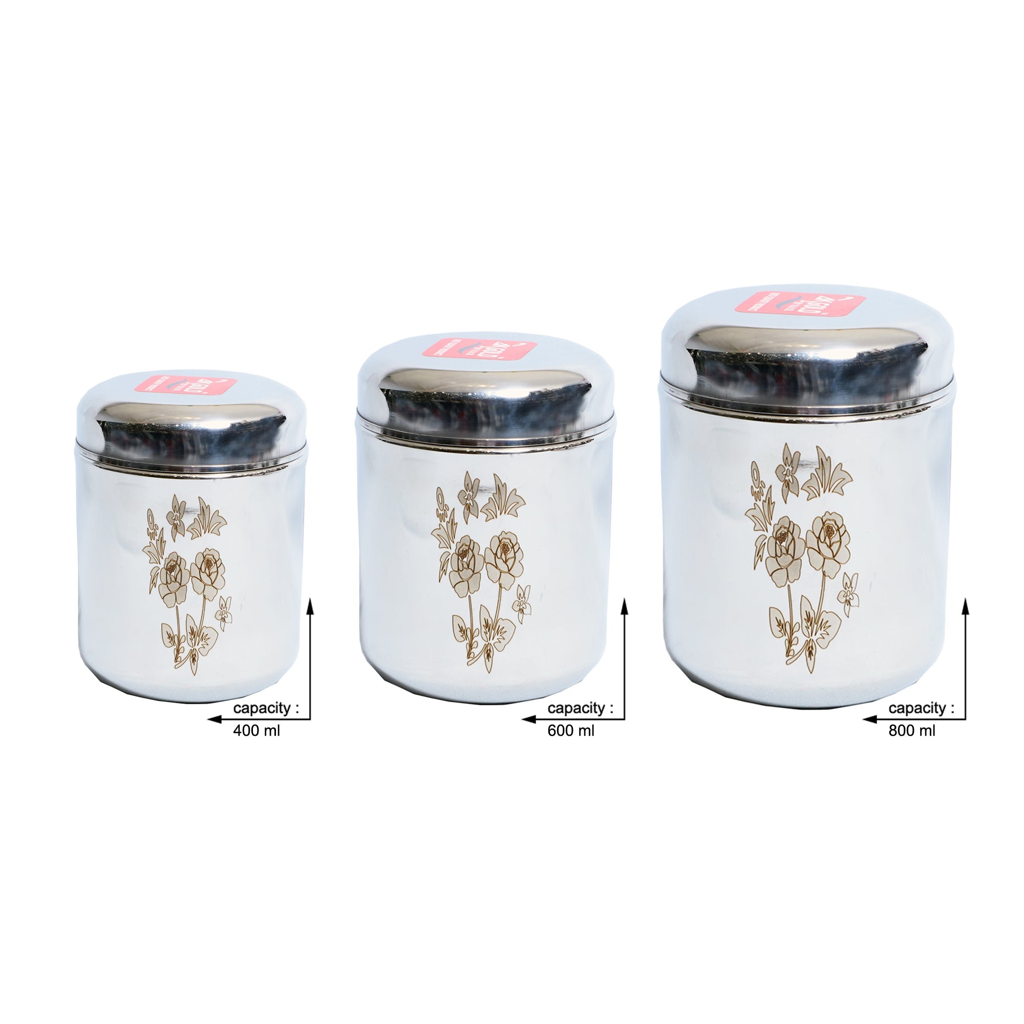 Stainless Steel Storage Container Set with Laser Floral Design - 3-Piece (400ml,