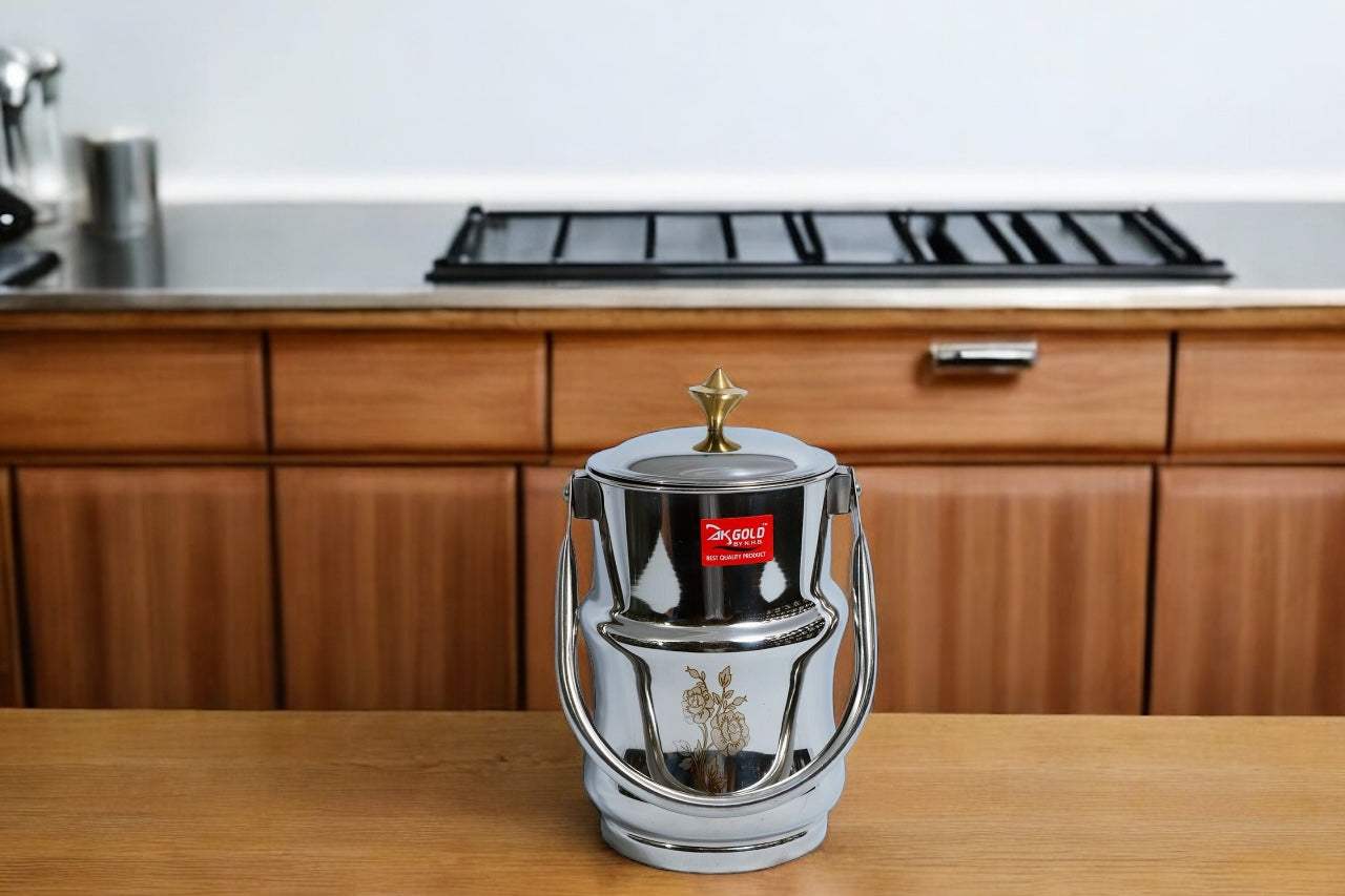 Elegant 1500 ml Stainless Steel Barni With Brass Knob