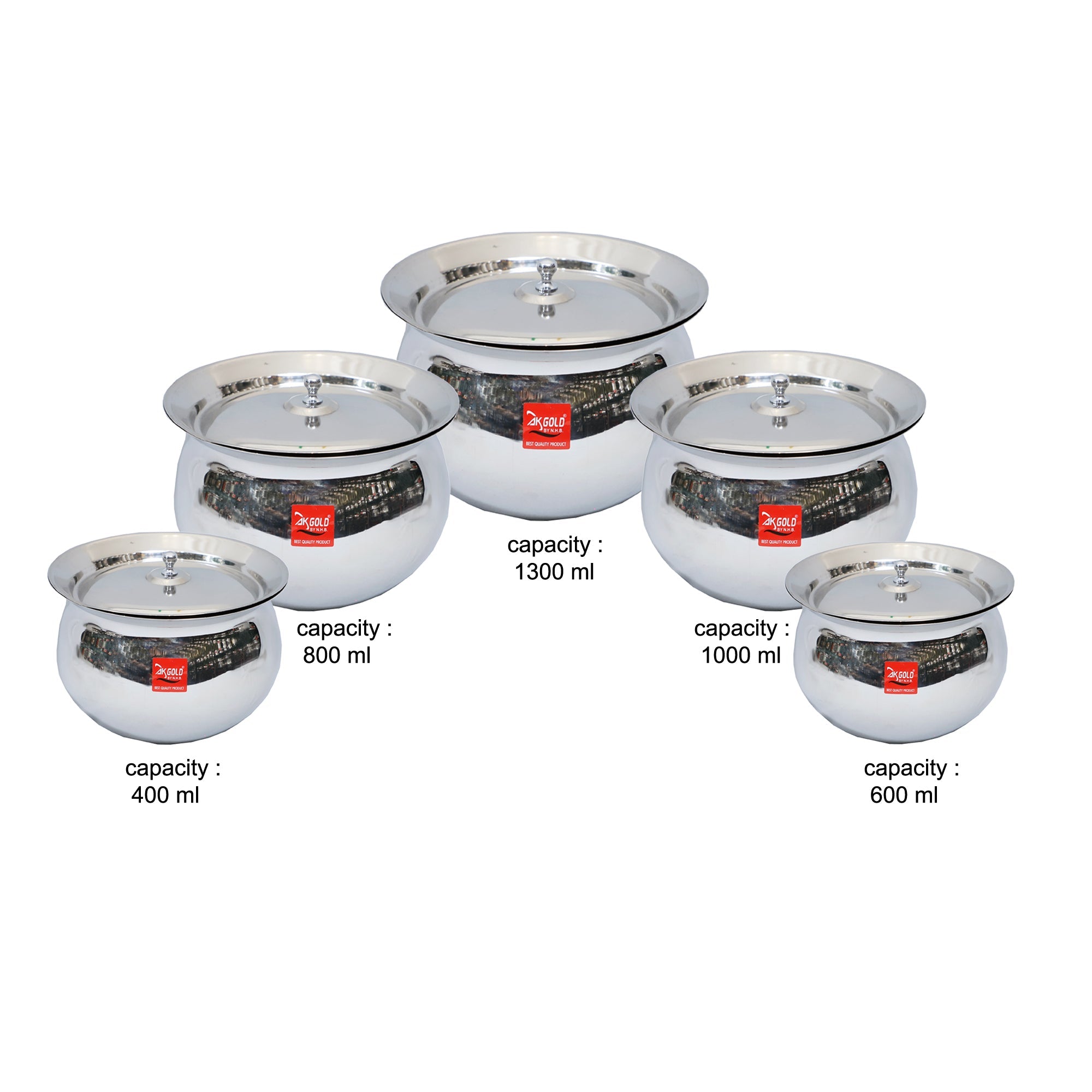 Handi with Lid – 5-Piece Set (400ml, 600ml, 800ml, 1000ml, 1300ml)