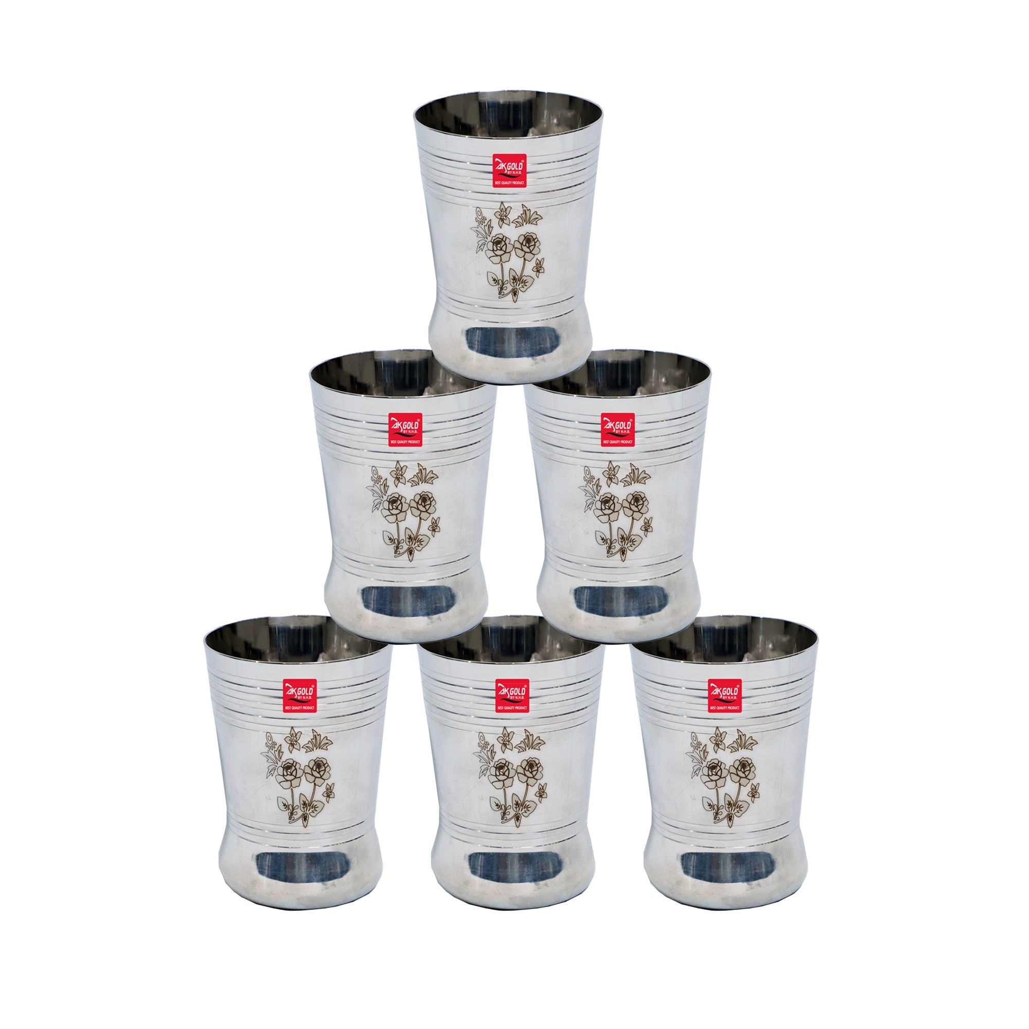 6-Piece Stainless Steel Glass Set with Laser Floral Design