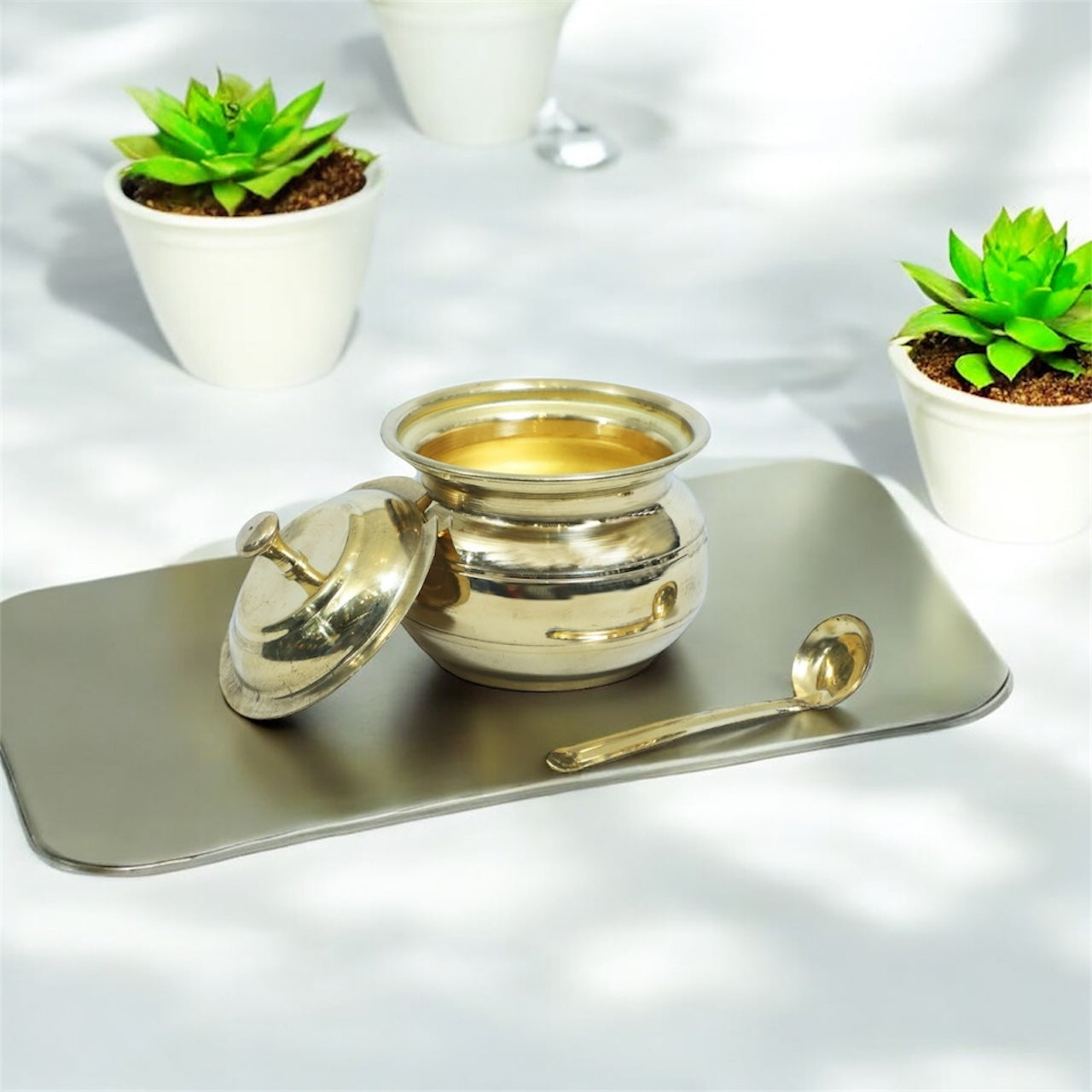 Brass Ghee Pot with Lid and Spoon – 200ml Capacity