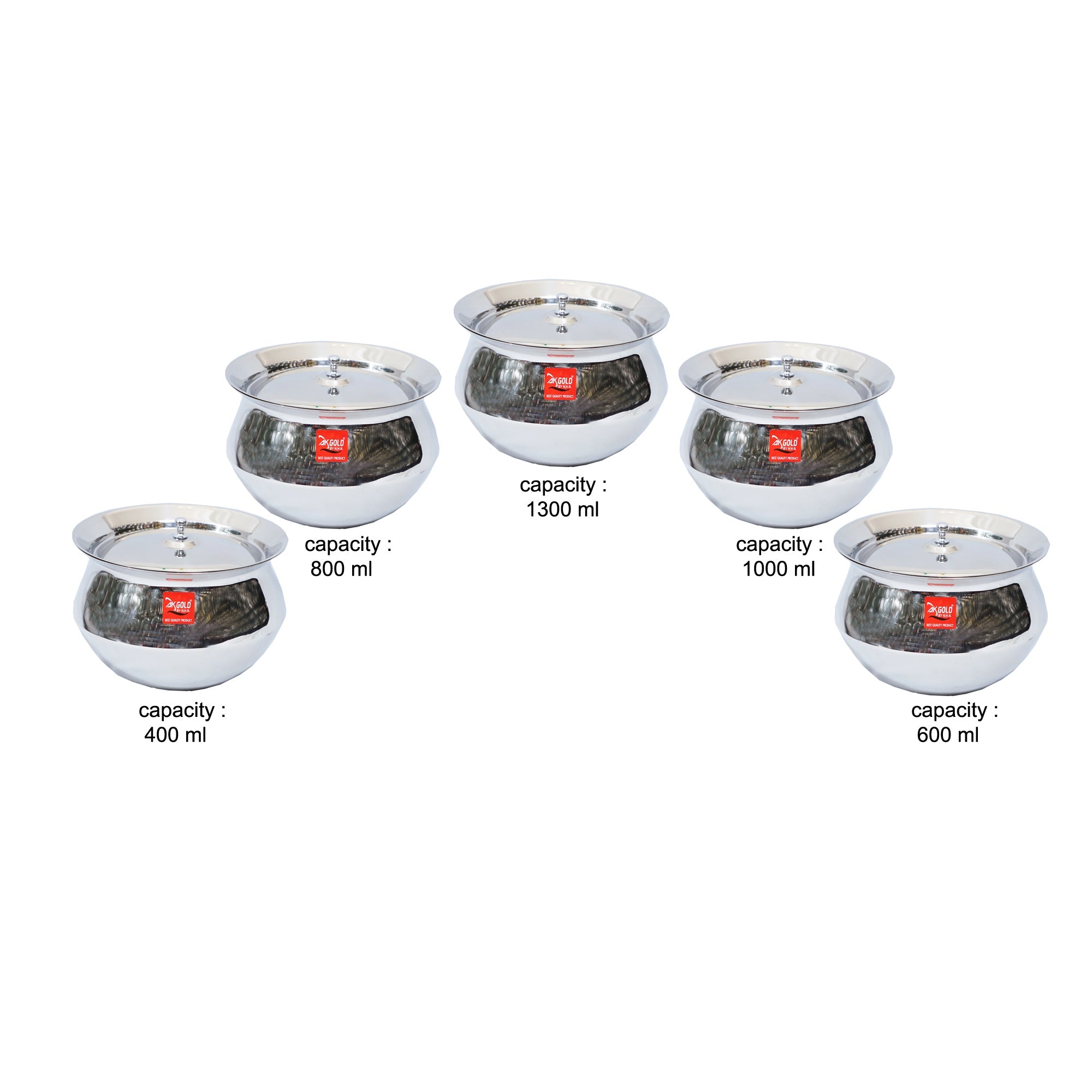 Handi with Lid – 5-Piece Set (400ml, 600ml, 800ml, 1000ml, 1300ml)