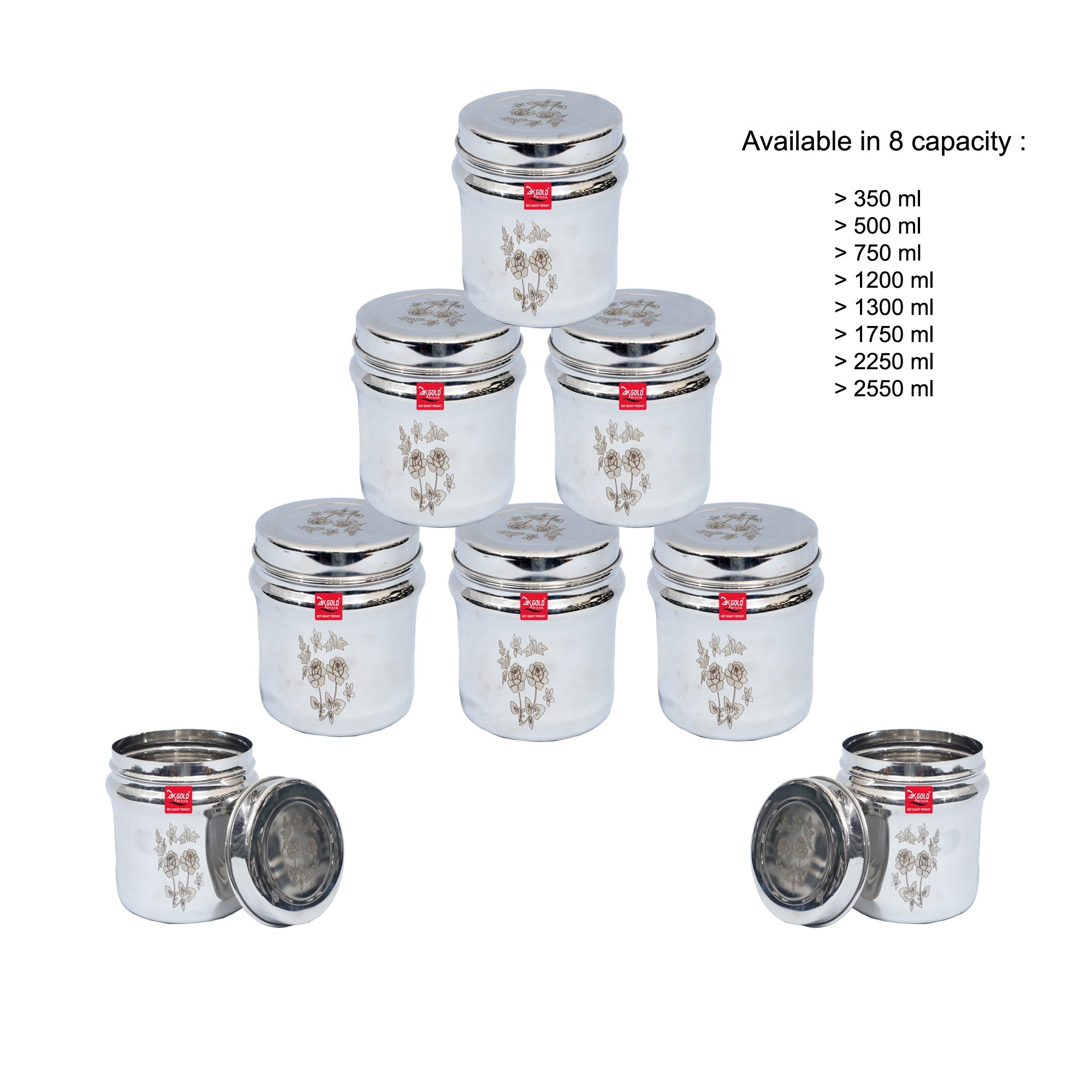 Stainless Steel Storage Containers with Laser Floral Design - 8 Sizes