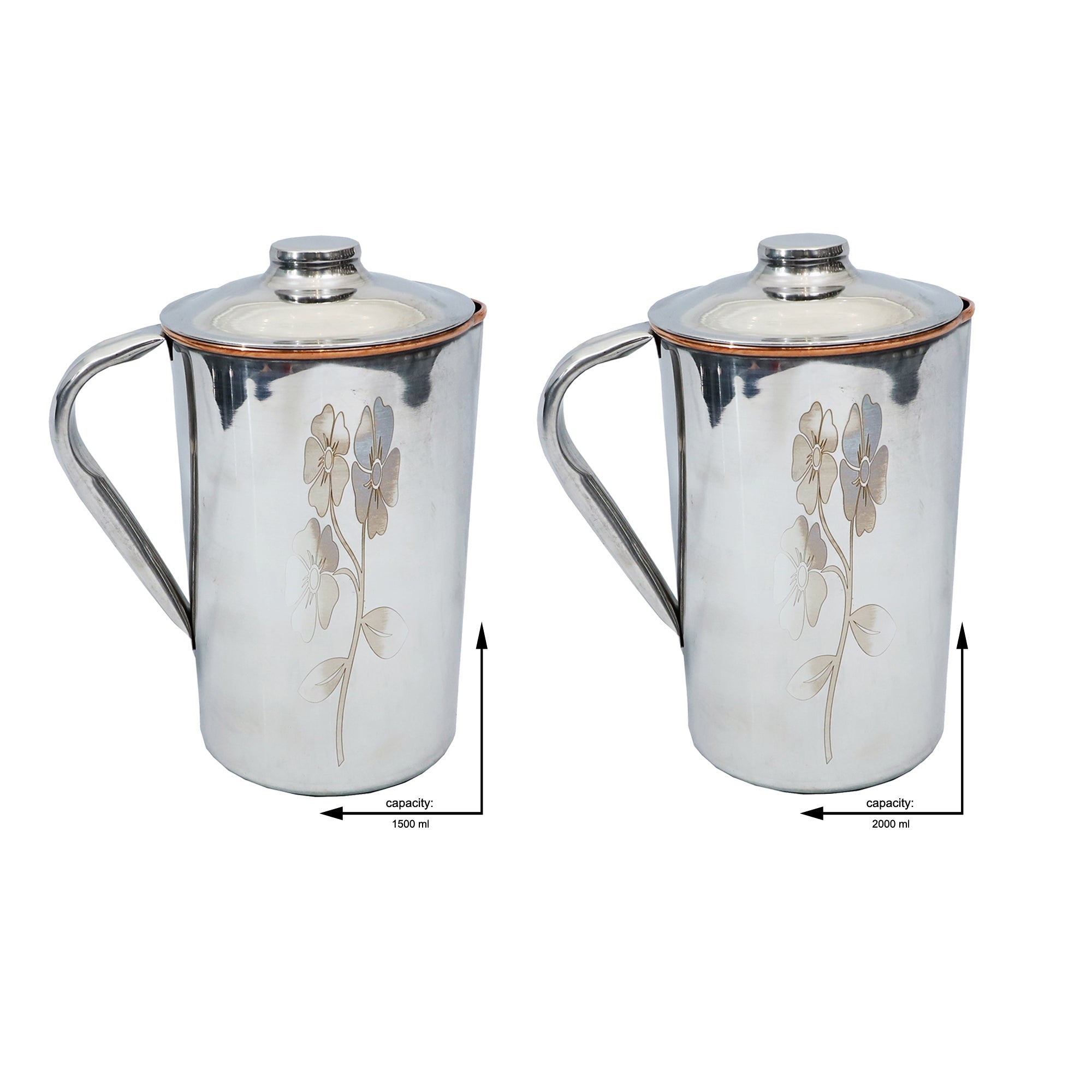 Copper-Steel Jug with Lid – 1.5L & 2L with Floral Design