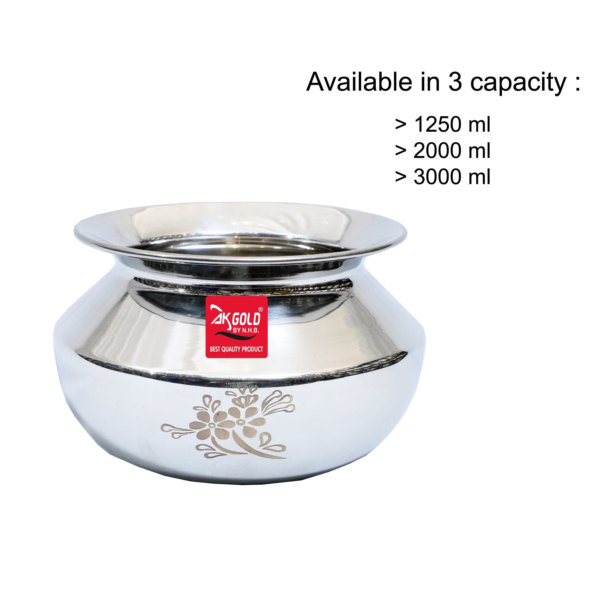 Handi/Sipri/Dekchi with Laser Floral Design – 3 Sizes (1250ml, 2000ml, 3000ml) –