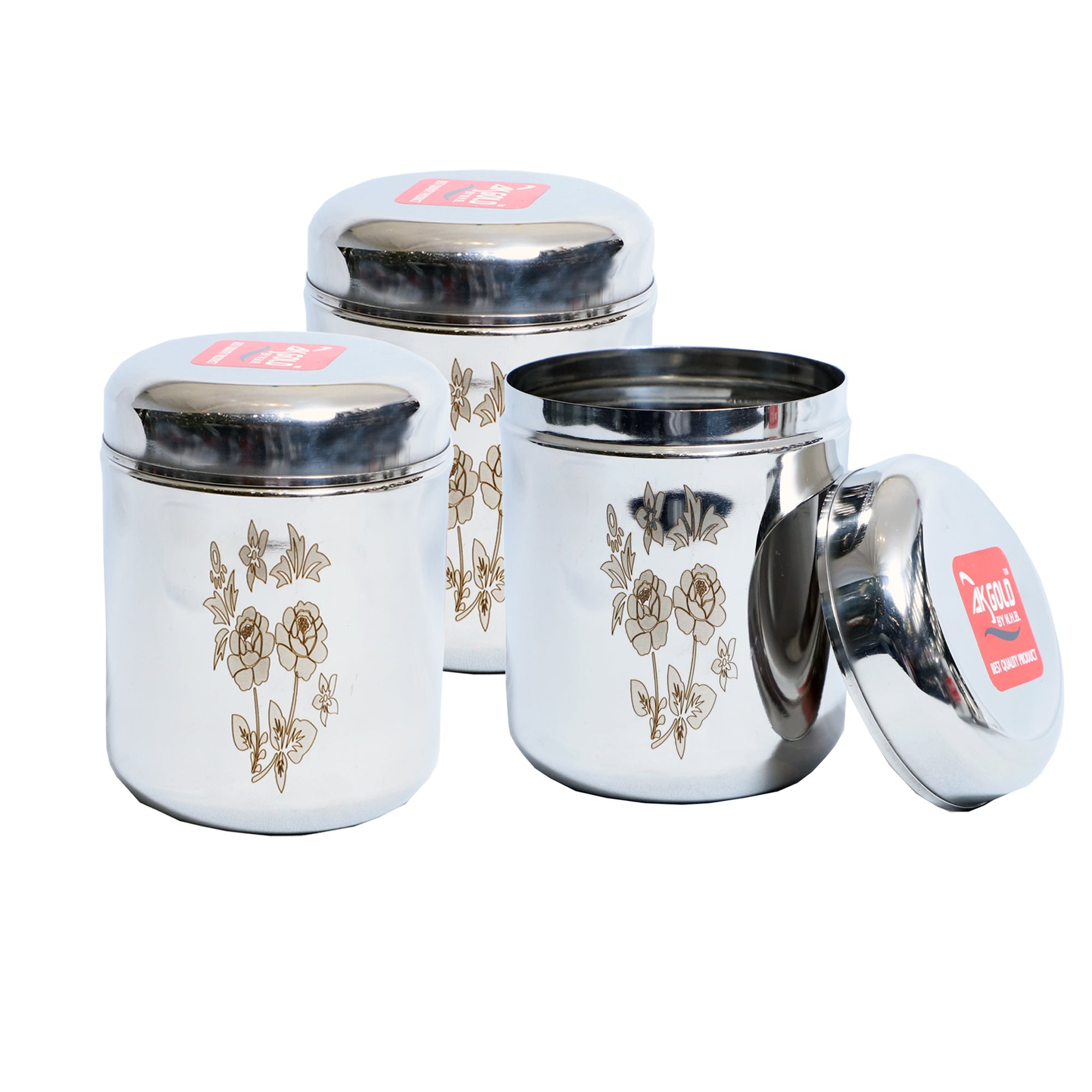 Stainless Steel Storage Container Set with Laser Floral Design - 3-Piece (400ml,