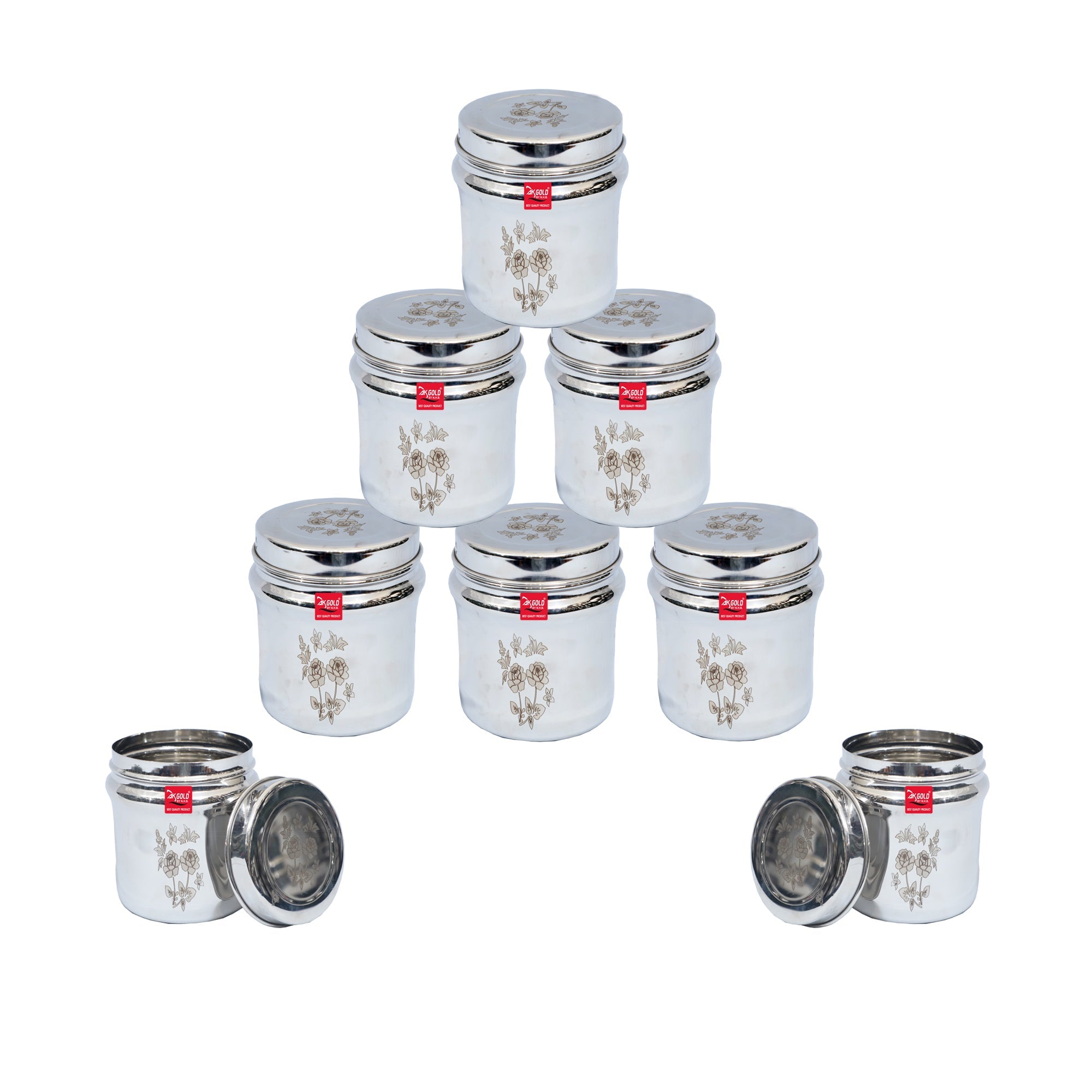 Stainless Steel Storage Containers with Laser Floral Design - 8 Sizes